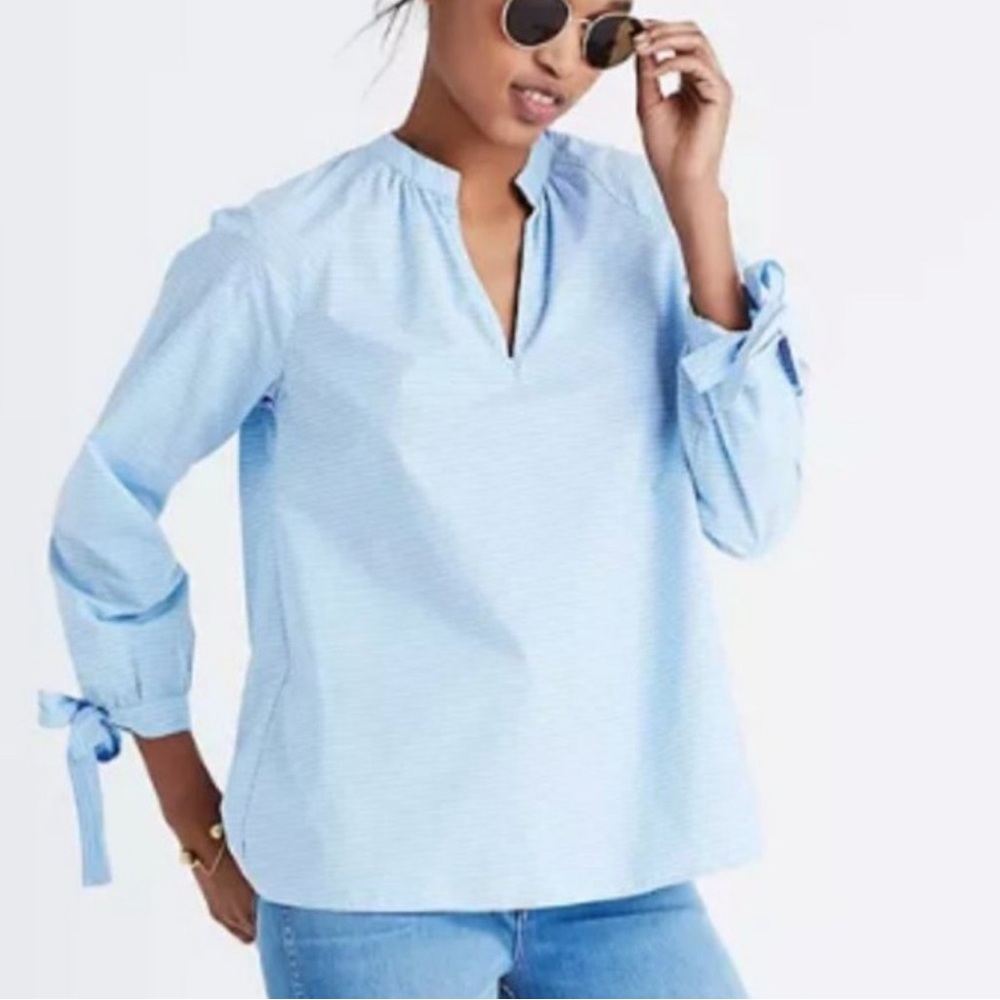 Madewell Striped Tie-Sleeve Popover Top in Blue and White Size XXS